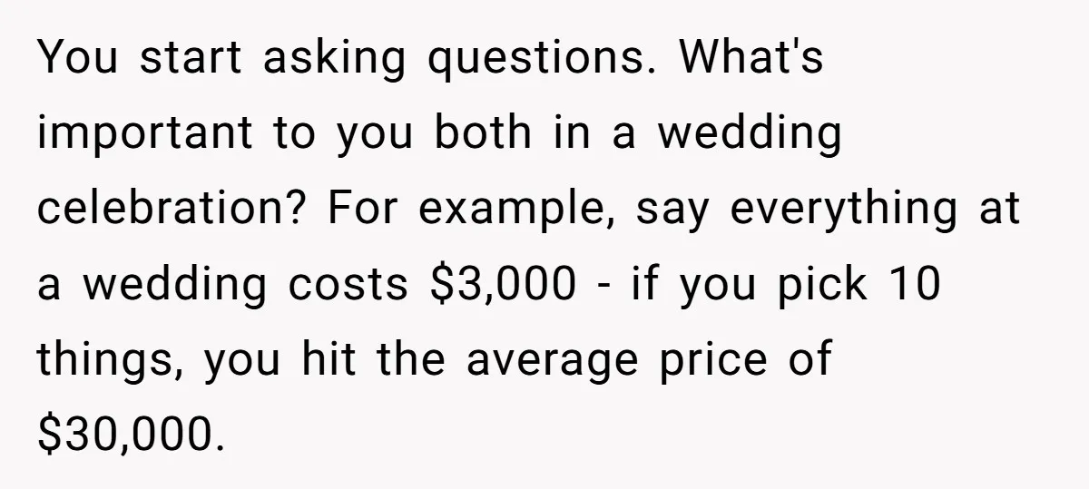 You start asking questions. What's important to you both in a wedding celebration? For example, say everything at a wedding costs $3,000 - if you pick 10 things, you hit...