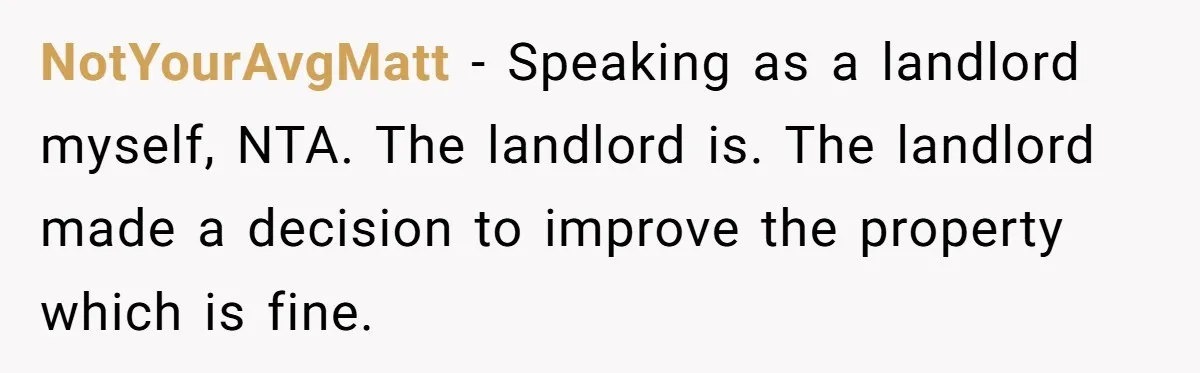 NotYourAvgMatt − Speaking as a landlord myself, NTA. The landlord is. The landlord made a decision to improve the property which is fine.