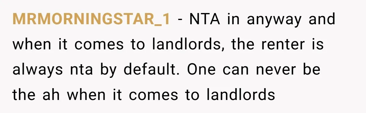 MRMORNINGSTAR_1 − NTA in anyway and when it comes to landlords, the renter is always nta by default. One can never be the ah when it comes to landlords
