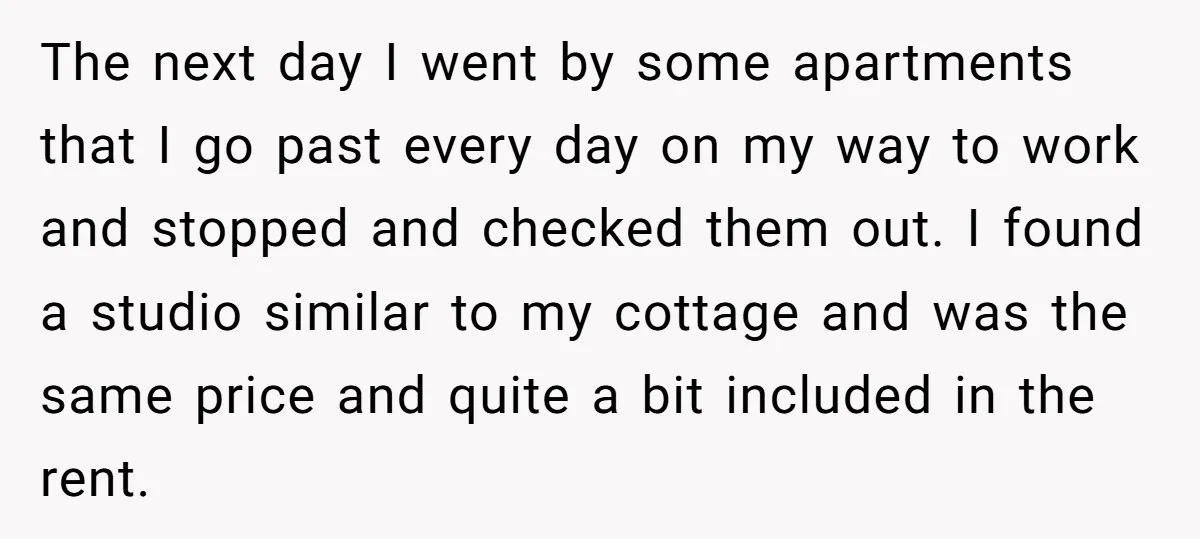 The next day I went by some apartments that I go past every day on my way to work and stopped and checked them out. I found a studio similar...