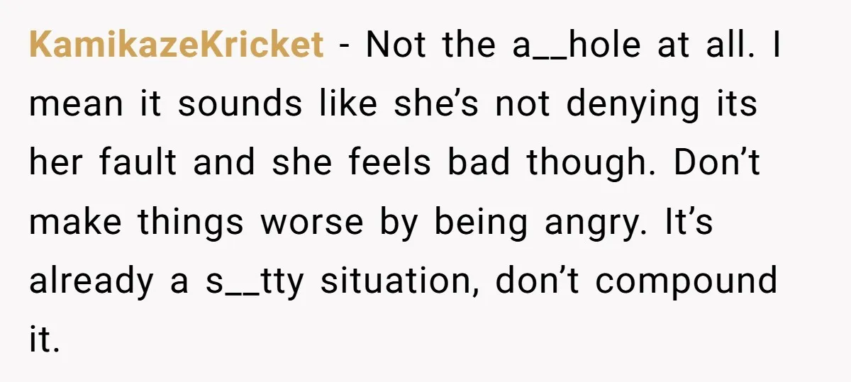 KamikazeKricket − Not the a__hole at all. I mean it sounds like she’s not denying its her fault and she feels bad though. Don’t make things worse by being angry....