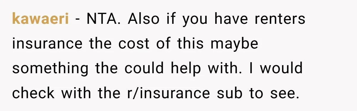 kawaeri − NTA. Also if you have renters insurance the cost of this maybe something the could help with. I would check with the r/insurance sub to see.
