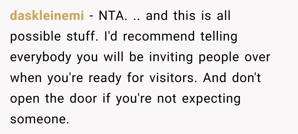 daskleinemi − NTA. .. and this is all possible stuff. I'd recommend telling everybody you will be inviting people over when you're ready for visitors. And don't open the door...