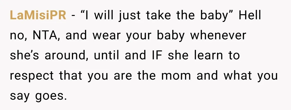 LaMisiPR − “I will just take the baby” Hell no, NTA, and wear your baby whenever she’s around, until and IF she learn to respect that you are the mom...