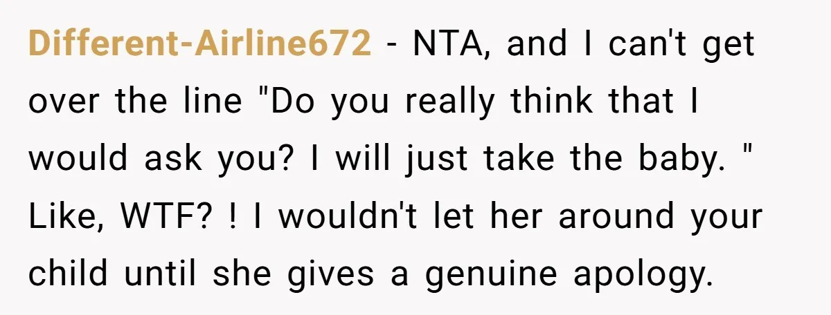 Different-Airline672 − NTA, and I can't get over the line "Do you really think that I would ask you? I will just take the baby. " Like, WTF? ! I...