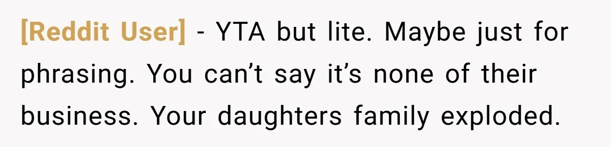 [Reddit User] − YTA but lite. Maybe just for phrasing. You can’t say it’s none of their business. Your daughters family exploded.