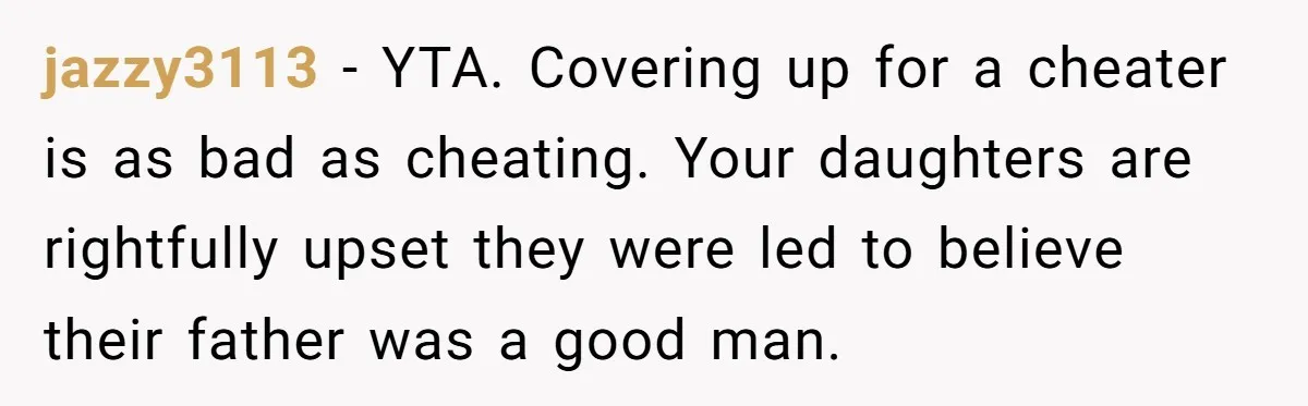 jazzy3113 − YTA. Covering up for a cheater is as bad as cheating. Your daughters are rightfully upset they were led to believe their father was a good man.