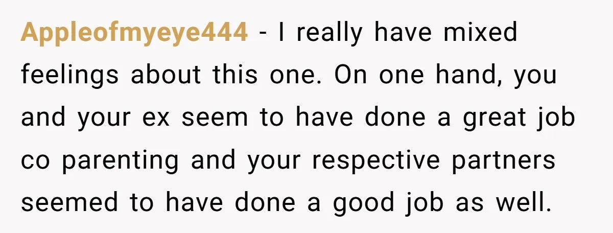 Appleofmyeye444 − I really have mixed feelings about this one. On one hand, you and your ex seem to have done a great job co parenting and your respective partners...