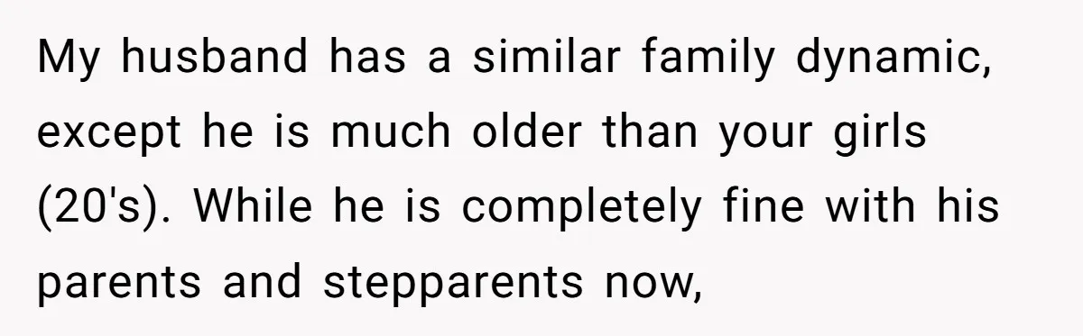 My husband has a similar family dynamic, except he is much older than your girls (20's). While he is completely fine with his parents and stepparents now,