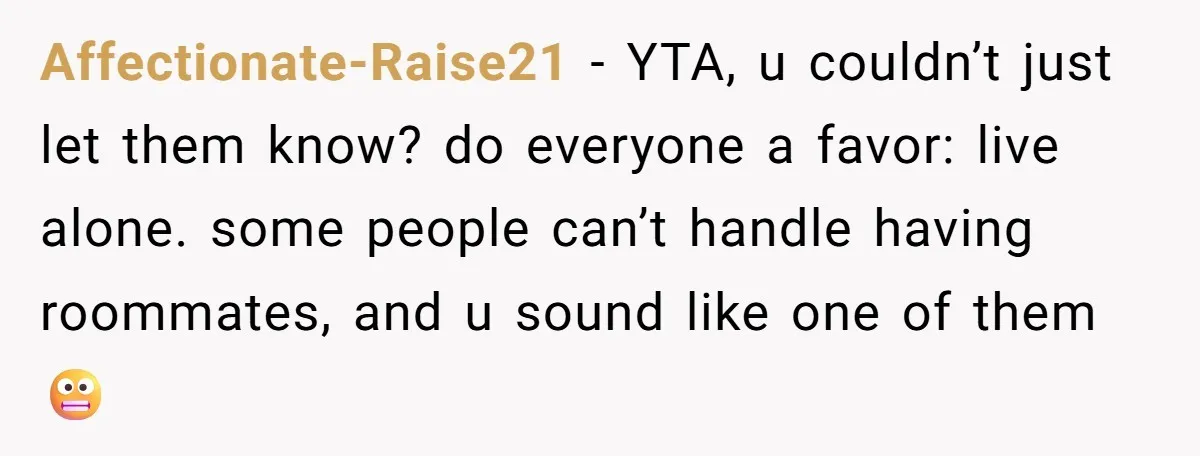 Affectionate-Raise21 − YTA, u couldn’t just let them know? do everyone a favor: live alone. some people can’t handle having roommates, and u sound like one of them 😬