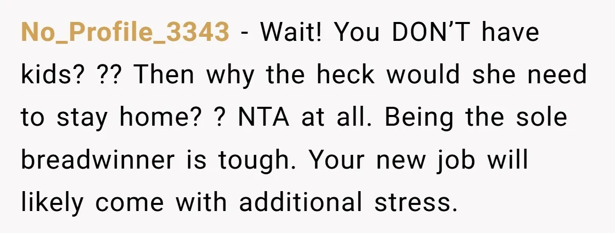 No_Profile_3343 − Wait! You DON’T have kids? ?? Then why the heck would she need to stay home? ? NTA at all. Being the sole breadwinner is tough. Your new...