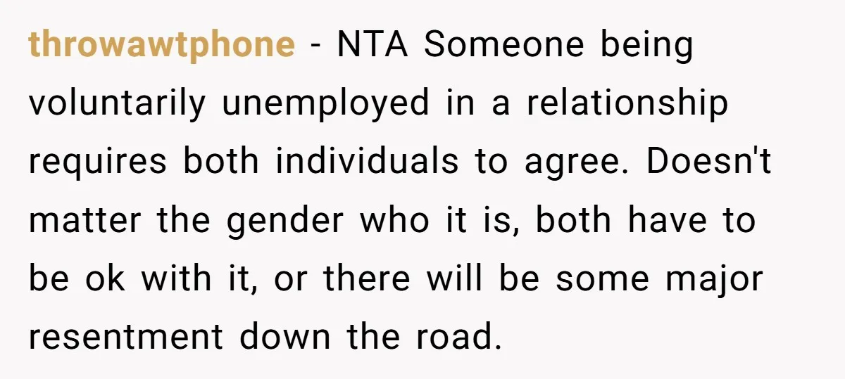 throwawtphone − NTA Someone being voluntarily unemployed in a relationship requires both individuals to agree. Doesn't matter the gender who it is, both have to be ok with it, or...