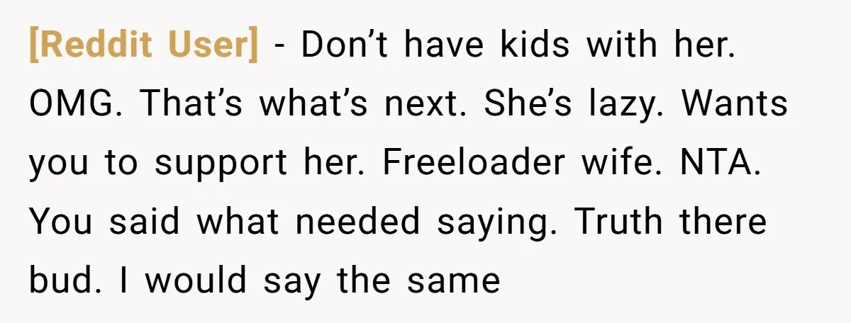 [Reddit User] − Don’t have kids with her. OMG. That’s what’s next. She’s lazy. Wants you to support her. Freeloader wife. NTA. You said what needed saying. Truth there bud....