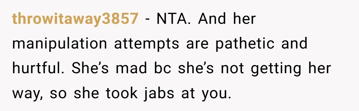 throwitaway3857 − NTA. And her manipulation attempts are pathetic and hurtful. She’s mad bc she’s not getting her way, so she took jabs at you.