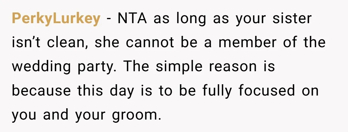 PerkyLurkey − NTA as long as your sister isn’t clean, she cannot be a member of the wedding party. The simple reason is because this day is to be fully...