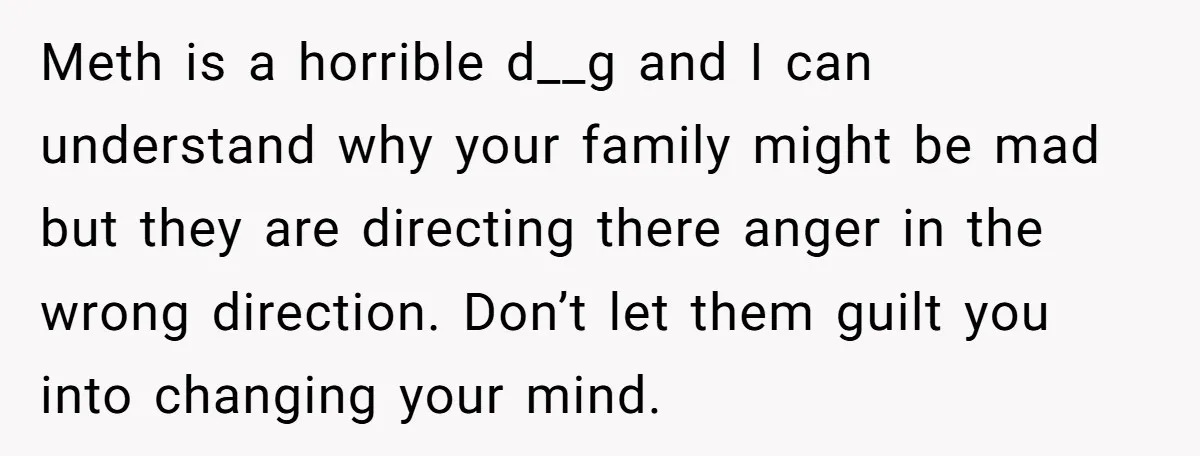 Meth is a horrible d__g and I can understand why your family might be mad but they are directing there anger in the wrong direction. Don’t let them guilt you...