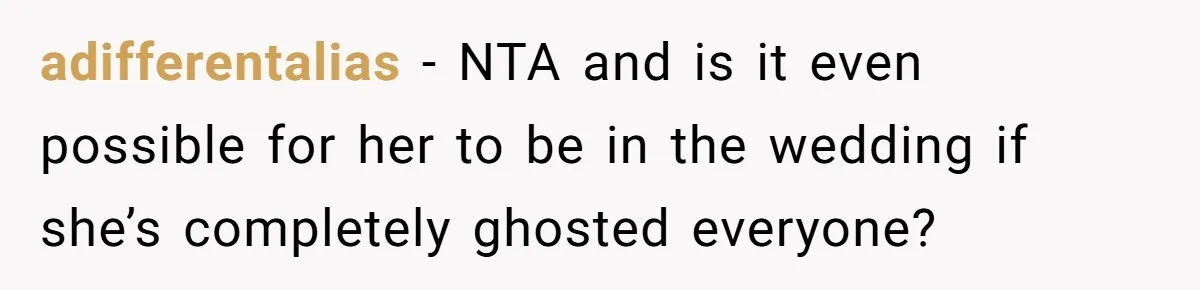 adifferentalias − NTA and is it even possible for her to be in the wedding if she’s completely ghosted everyone?