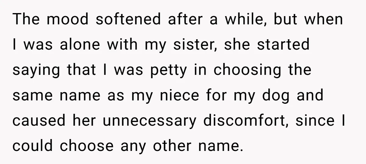 The mood softened after a while, but when I was alone with my sister, she started saying that I was petty in choosing the same name as my niece for...