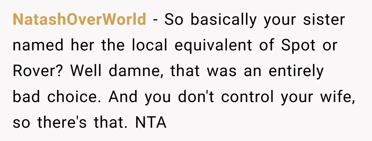 NatashOverWorld − So basically your sister named her the local equivalent of Spot or Rover? Well damne, that was an entirely bad choice. And you don't control your wife, so...