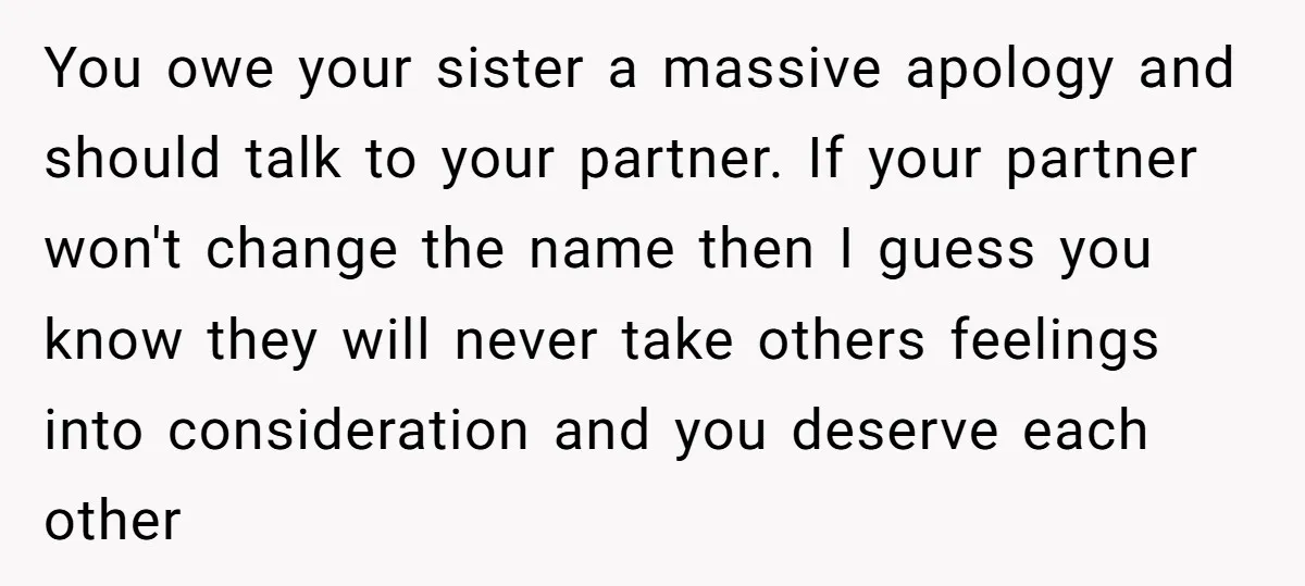 You owe your sister a massive apology and should talk to your partner. If your partner won't change the name then I guess you know they will never take others...