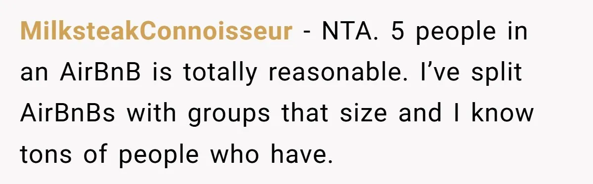 MilksteakConnoisseur − NTA. 5 people in an AirBnB is totally reasonable. I’ve split AirBnBs with groups that size and I know tons of people who have.