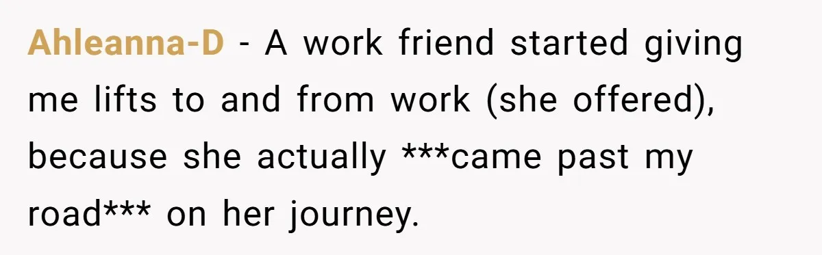 Ahleanna-D − A work friend started giving me lifts to and from work (she offered), because she actually ***came past my road*** on her journey.