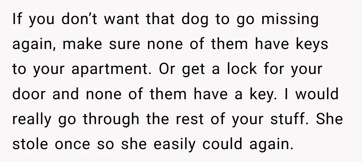 If you don’t want that dog to go missing again, make sure none of them have keys to your apartment. Or get a lock for your door and none of...