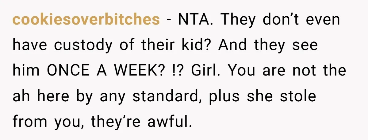cookiesoverbitches − NTA. They don’t even have custody of their kid? And they see him ONCE A WEEK? !? Girl. You are not the ah here by any standard, plus...