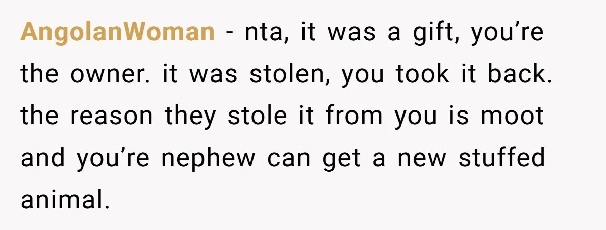 AngolanWoman − nta, it was a gift, you’re the owner. it was stolen, you took it back. the reason they stole it from you is moot and you’re nephew can...