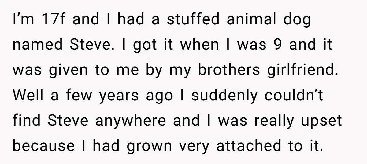 I’m 17f and I had a stuffed animal dog named Steve. I got it when I was 9 and it was given to me by my brothers girlfriend. Well a...