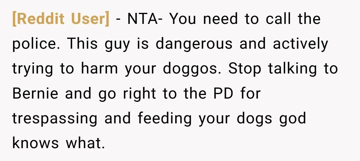 [Reddit User] − NTA- You need to call the police. This guy is dangerous and actively trying to harm your doggos. Stop talking to Bernie and go right to the...