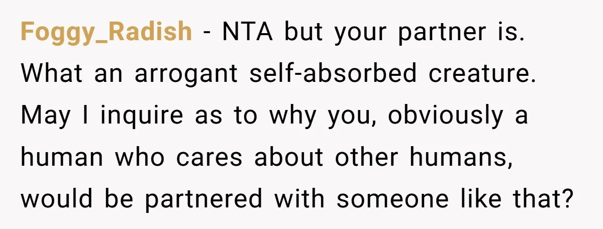 Foggy_Radish − NTA but your partner is. What an arrogant self-absorbed creature. May I inquire as to why you, obviously a human who cares about other humans, would be partnered...