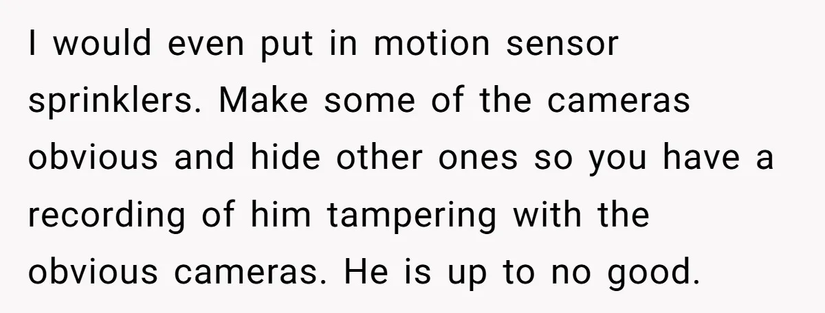 I would even put in motion sensor sprinklers. Make some of the cameras obvious and hide other ones so you have a recording of him tampering with the obvious cameras....