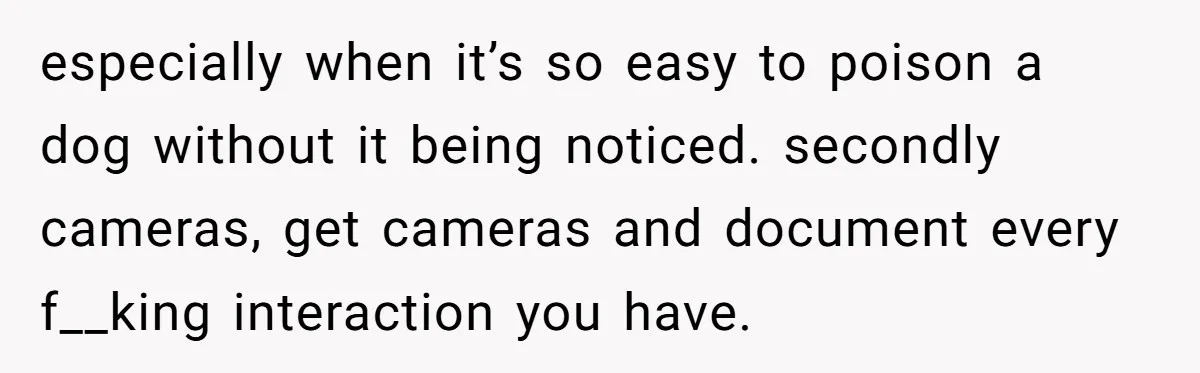 especially when it’s so easy to poison a dog without it being noticed. secondly cameras, get cameras and document every f__king interaction you have.