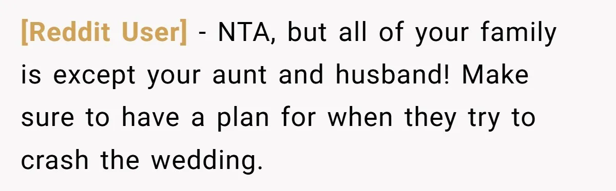 [Reddit User] − NTA, but all of your family is except your aunt and husband! Make sure to have a plan for when they try to crash the wedding.