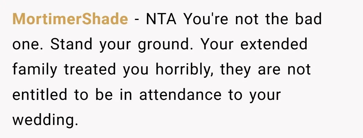 MortimerShade − NTA You're not the bad one. Stand your ground. Your extended family treated you horribly, they are not entitled to be in attendance to your wedding.