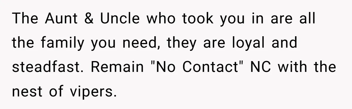 The Aunt & Uncle who took you in are all the family you need, they are loyal and steadfast. Remain "No Contact" NC with the nest of vipers.