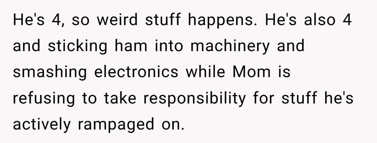 He's 4, so weird stuff happens. He's also 4 and sticking ham into machinery and smashing electronics while Mom is refusing to take responsibility for stuff he's actively rampaged on.