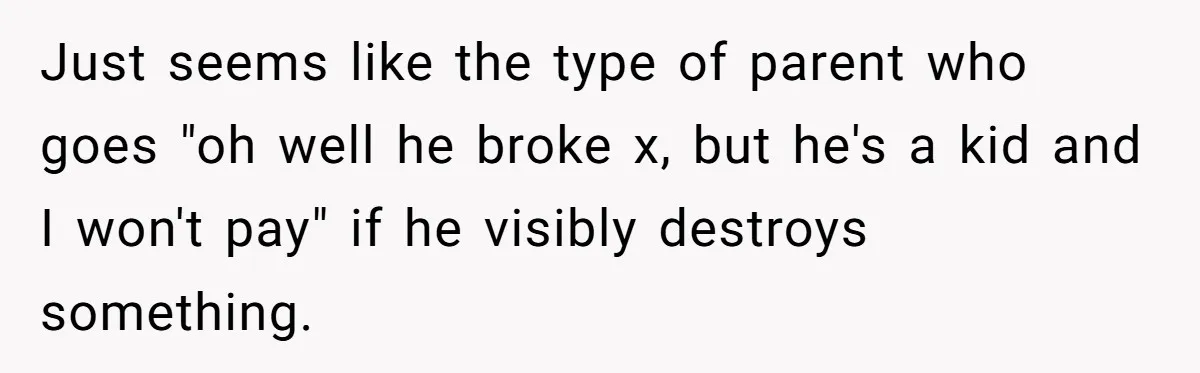 Just seems like the type of parent who goes "oh well he broke x, but he's a kid and I won't pay" if he visibly destroys something.