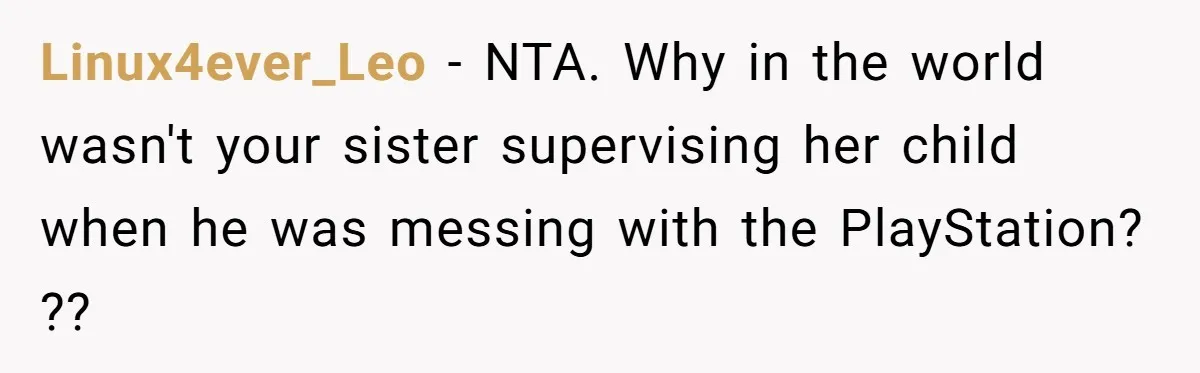 Linux4ever_Leo − NTA. Why in the world wasn't your sister supervising her child when he was messing with the PlayStation? ??