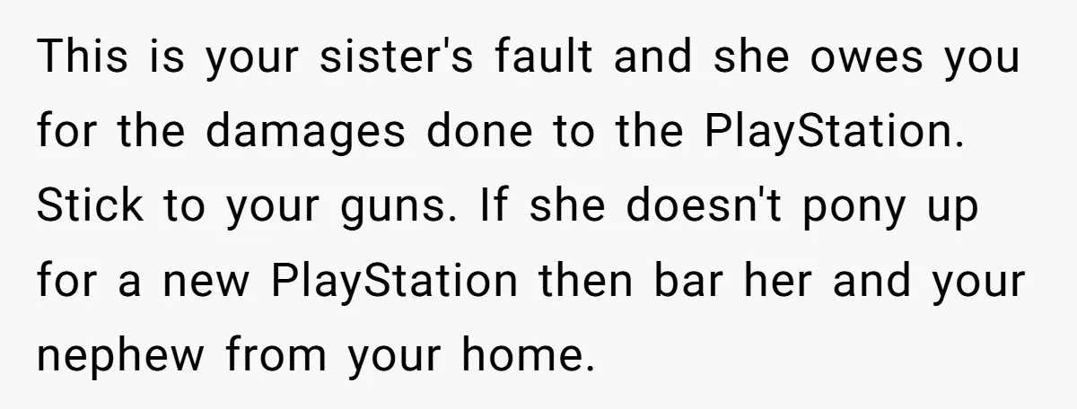 This is your sister's fault and she owes you for the damages done to the PlayStation. Stick to your guns. If she doesn't pony up for a new PlayStation then...
