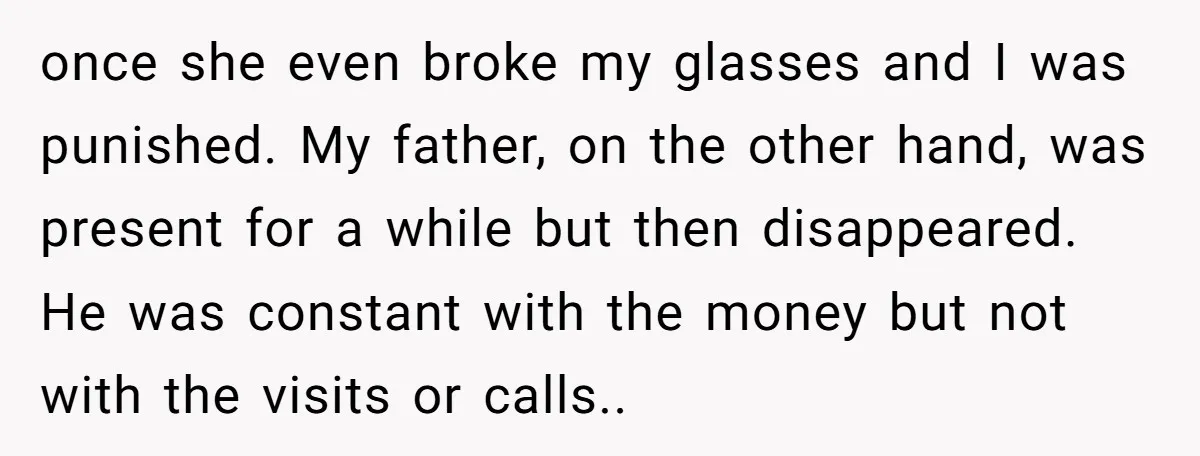 once she even broke my glasses and I was punished. My father, on the other hand, was present for a while but then disappeared. He was constant with the money...