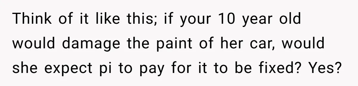 Think of it like this; if your 10 year old would damage the paint of her car, would she expect pi to pay for it to be fixed? Yes?