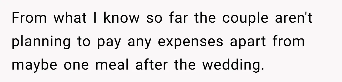 From what I know so far the couple aren't planning to pay any expenses apart from maybe one meal after the wedding.