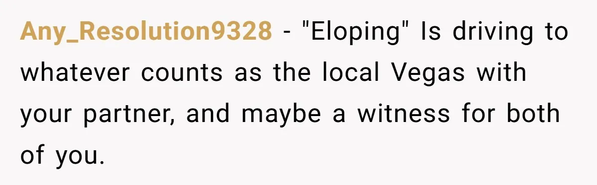 Any_Resolution9328 − "Eloping" Is driving to whatever counts as the local Vegas with your partner, and maybe a witness for both of you.