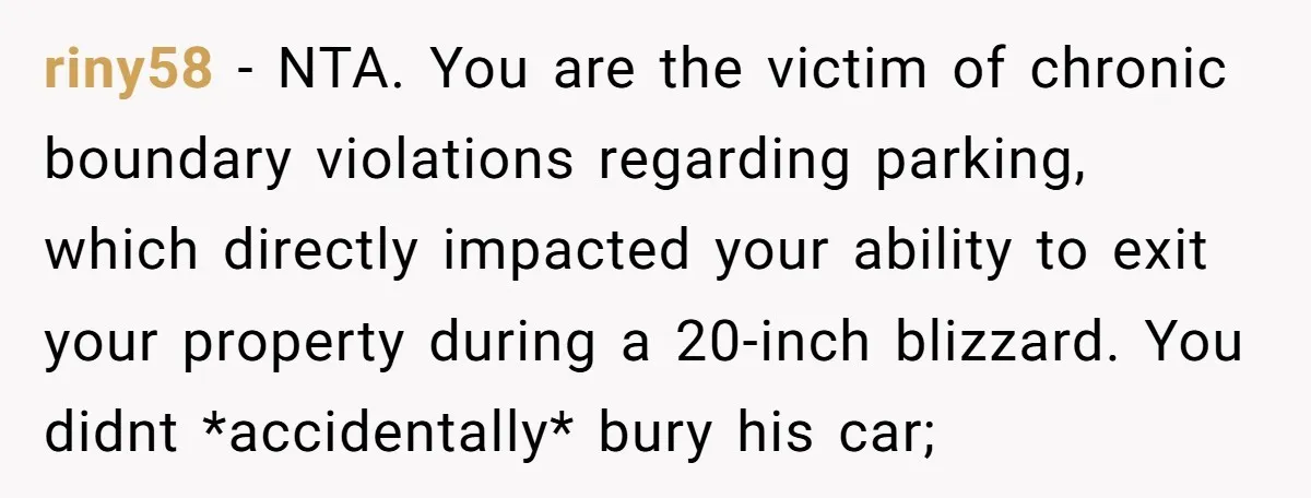riny58 − NTA. You are the victim of chronic boundary violations regarding parking, which directly impacted your ability to exit your property during a 20-inch blizzard. You didnt *accidentally* bury...