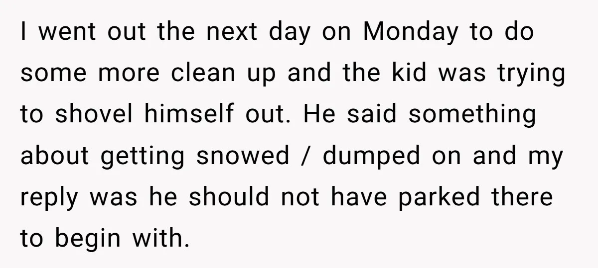 I went out the next day on Monday to do some more clean up and the kid was trying to shovel himself out. He said something about getting snowed /...