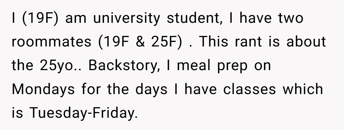 I (19F) am university student, I have two roommates (19F & 25F) . This rant is about the 25yo.. Backstory, I meal prep on Mondays for the days I have...