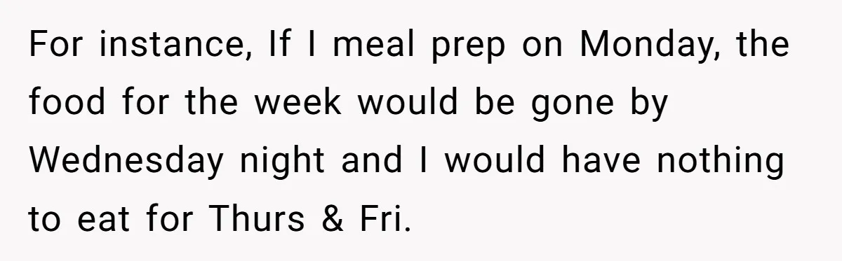 For instance, If I meal prep on Monday, the food for the week would be gone by Wednesday night and I would have nothing to eat for Thurs & Fri.