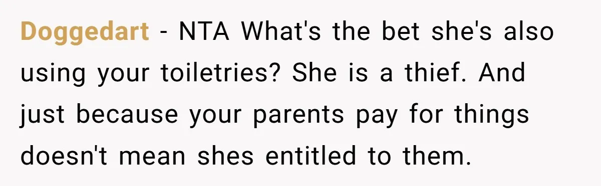 Doggedart − NTA What's the bet she's also using your toiletries? She is a thief. And just because your parents pay for things doesn't mean shes entitled to them.